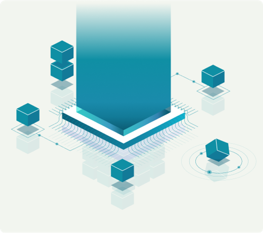 Digital illustration showing a large teal gradient column in the center, standing on a platform with circuit-like patterns. Surrounding the central structure are several smaller teal cubes positioned at different points, some with connecting lines and circular patterns.